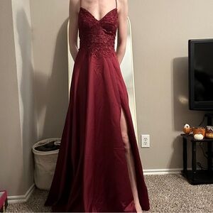 Blondie Nites Wine Lace Prom Dress